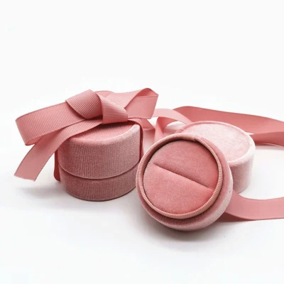 Small Wedding Earrings Pendant Pink Velvet Round Ring Box with Ribbon