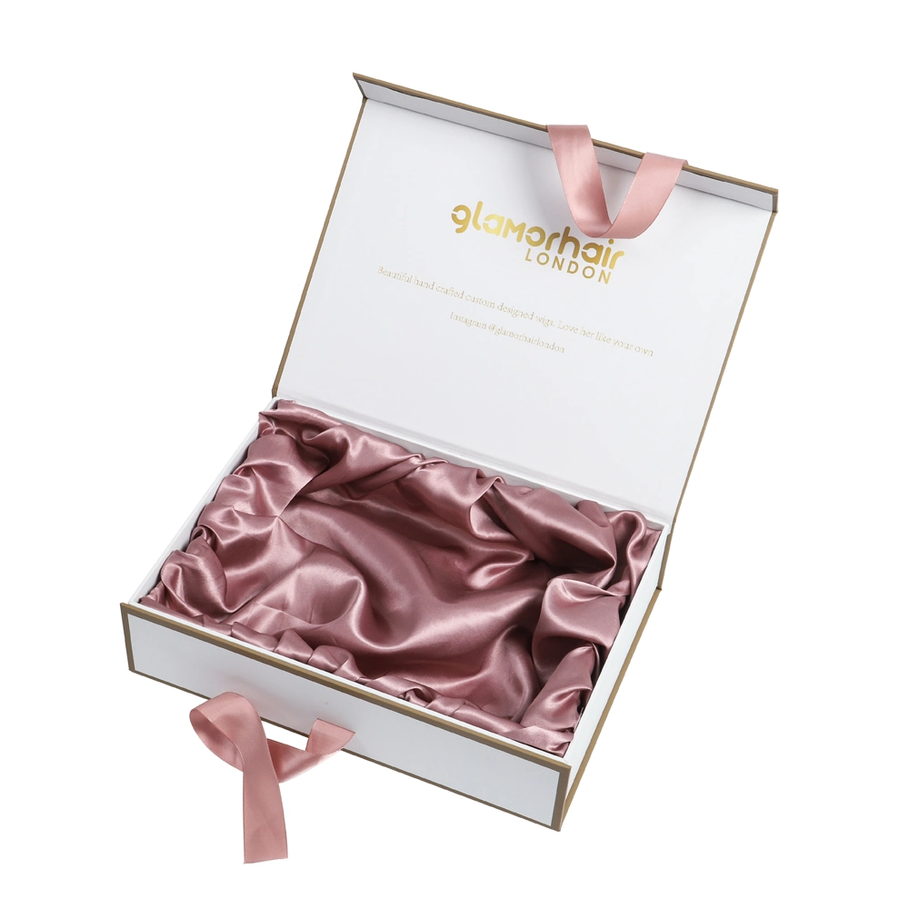 Magnetic Custom Satin Lined Packaging Paper Gift Box for Hair Extensions with Ribbon