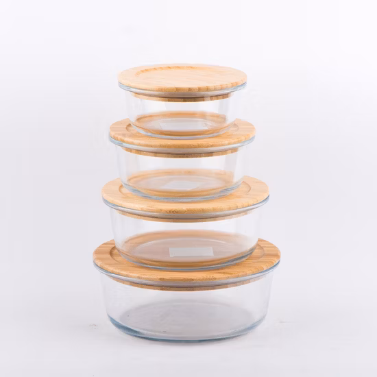 Round Glass Foods Preservation Box / Food Container / Lunch Box with Bamboo Lid